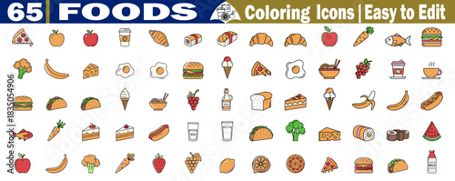 Various Foods coloring icons vector illustration set, easy to edit for your project needs. 