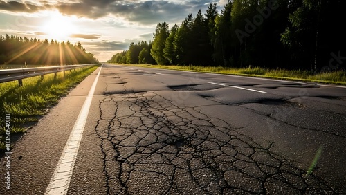 Damaged asphalt road with potholes cracks and defects highway in need of repair at sunset
