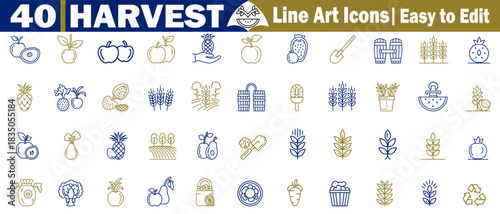 Forty harvest line art icons, easy to edit with apple, pineapple, wheat, and more signs, vector illustration. 