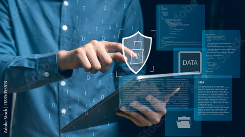 Εκτύπωση καμβά Hand touching a shield lock on a digital panel, encrypted access, data protection and cybersecurity control for modern business systems and IT networks