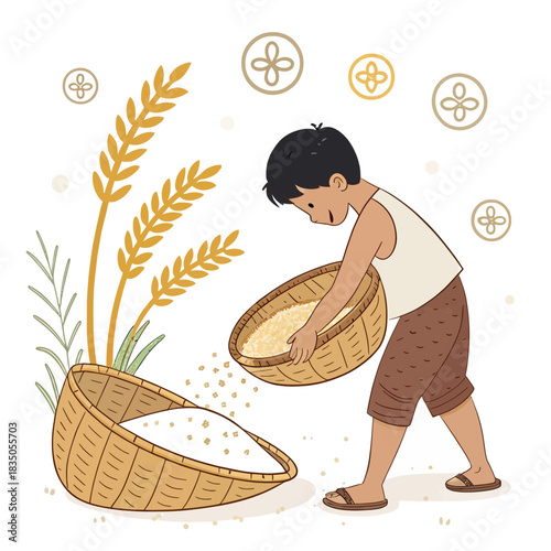 Young boy pouring rice from a basket into another