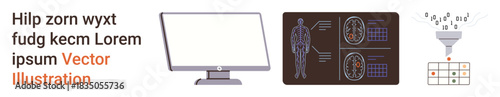 Artificial intelligence, data processing, machine learning, medical imaging, technology, digitalization. Monitor displaying brain scans, binary funnel data grid. Artificial intelligence and data