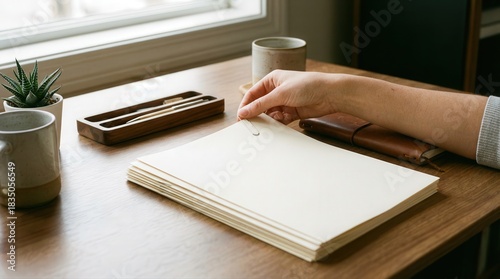 Person organizing stack of blank papers with a paperclip on a minimalist wooden desk