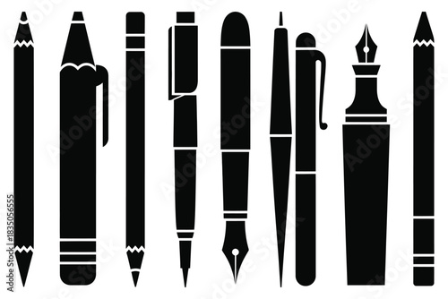 Writing tools set, vector illustration featuring pens, pencils, markers, brushes, fountain pens, and other stationery items, ideal for school projects, office designs, creative artwork, educational ma
