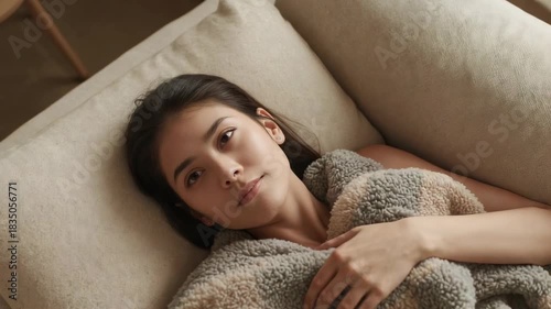 Soft light rousing adult Asian woman, opening eyes and adjusting sherpa blanket on sofa at home