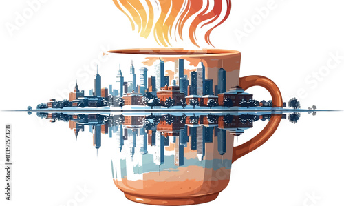 Cityscape reflected in a coffee cup with rising steam against a white background