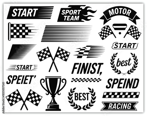 Racing stripes motorsport directional design pack with fast arrow lines, check accents, speed shift detailing, finish icons and track layout forms