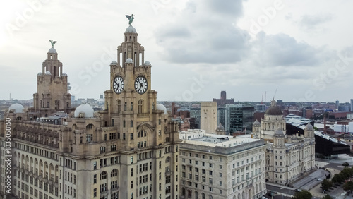 Fotografie Aerial view of the Three Graces in Liverpool showing the Royal Liver Building, t