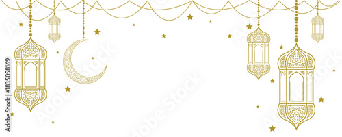 Islamic Background with Gold lanterns a crescent moon and stars on white.