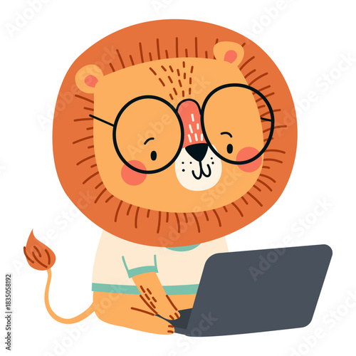 A cute lion wearing glasses is working on a laptop. Vector illustration in a simple children's style on a white background. . Vector illustration