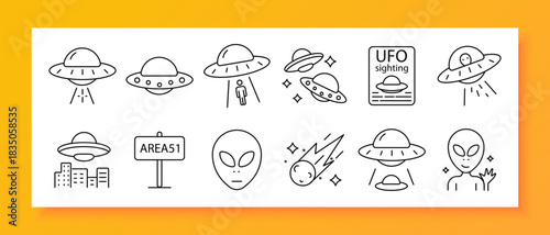 UFO set icon. Spaceship, alien, abduction, meteor, star, galaxy, planet, space, report, Area 51, mystery, science fiction, sighting, flight, sky, extraterrestrial, cosmos, discovery, UFO, night