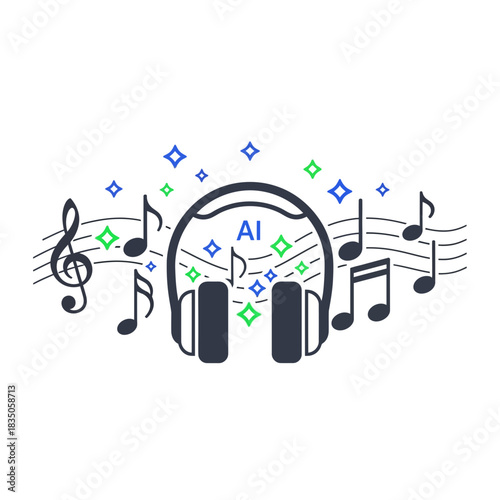 Headphones surrounded by musical notes and AI, representing the future of music creation and listening technology