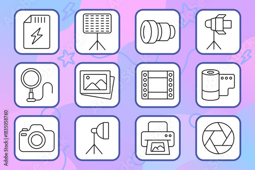 Photography set icon. Camera, lens, tripod, studio light, film, printer, flash, ring light, magnifier, shutter tools and equipment for shooting, editing, and printing visual images.