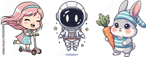 Cute Kawaii Characters Girl on Scooter Astronaut Bunny with Carrot pink hair