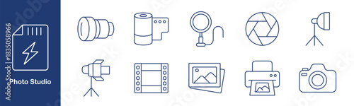 Photo studio set icon. Flashcard, lens, film, magnifier, shutter, light, tripod, frame, printer, camera. Photography, equipment, capture, image, media, production, lighting, shooting.