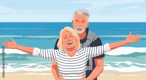 Elderly couple embracing with joy on a sunny beach vacation, enjoying retirement and life's golden years together