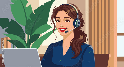 Professional Woman with Headset Working on Laptop in Office Environment