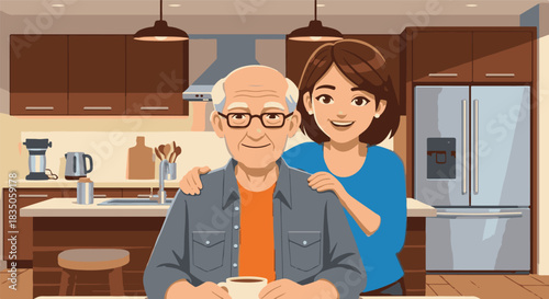 An adult daughter embraces her smiling elderly father in the kitchen, a vector illustration of family love and bonding