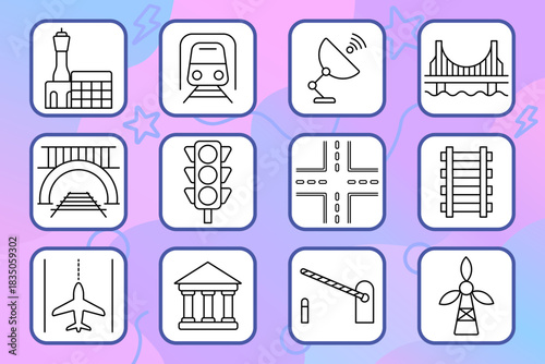 Infrastructure set icon. Airport, train, satellite, bridge, traffic, runway, tunnel, track, road, barrier, windmill, signal. Transport, travel, structure.