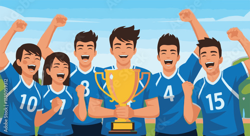 Diverse group of young athletes celebrating a victory with a championship trophy, embodying teamwork and achievement