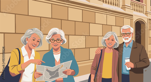 Senior Travelers Exploring City Group of Elderly Friends Sightseeing with Map on Vacation