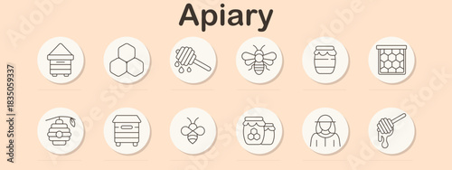 Apiary set icon. Beehive, honeycomb, dipper, bee, jar, frame, hanging hive, beekeeper, insect, honey drop.
