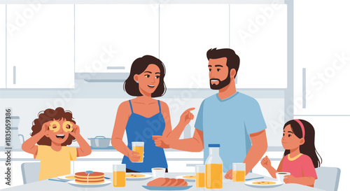 Family enjoys a happy breakfast together at home, creating lasting memories with food and laughter