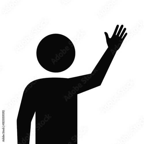 A simple black silhouette of a person waving hello or goodbye