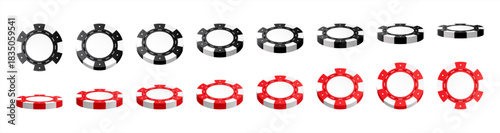 3d realistic chips coin rotating animation. Money cash for gambling games, treasure, finance or casino jackpot concept. Golden coins currency top, side and perspective view vector.