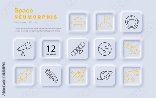 Space set icon. Clean line icons show telescope, satellite, rocket, UFO, astronaut, earth, moon, planet, comet, galaxy, crater, meteor, and observatory elements.