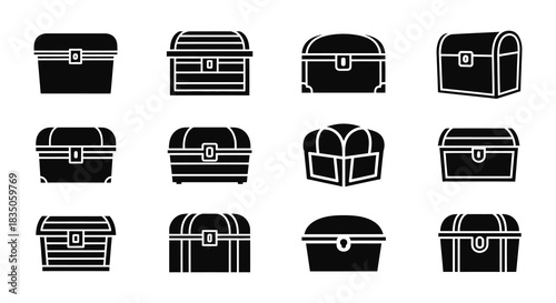 Collection of various black and white treasure chest icons in different styles