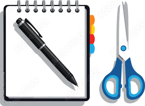 Spiral notebook with pen and scissors illustration
