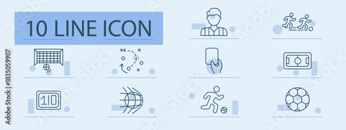 Soccer set icon. Line icons showing ball, net, player, tactics board, red card, field, scoreboard, referee, coach, action motion