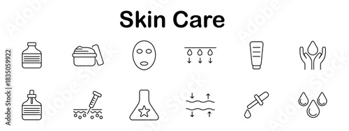 Skin care set icon. Bottle, jar with spatula, facial mask, hydration arrows, tube, hands with drop, pipette bottle, acne treatment, test flask, absorption layers, serum drop.
