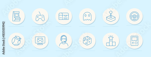 Gaming set icon. Circular outlined icons showing arcade machine, joystick, gamepad, dice, trophy, steering wheel, ghost, console, headset, monitor, podium, and handheld device
