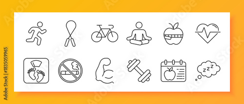 Healthy lifestyle icon. Running, jump rope, cycling, yoga, apple, heartbeat, sleep, dumbbell, no smoking, scale, fitness, training, wellness, sport, health, exercise, diet, muscle, schedule, balance