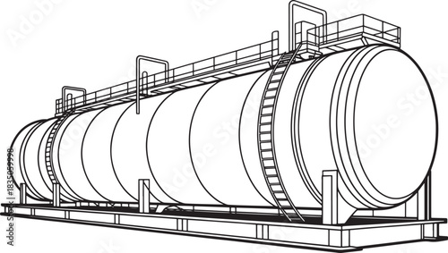 A large industrial horizontal storage tank with platforms and access ladders