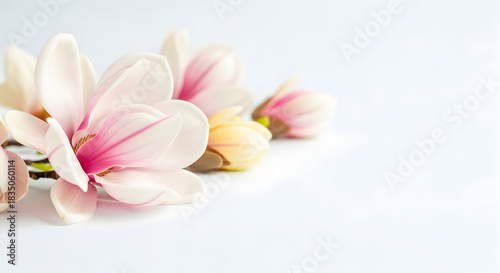 Delicate magnolia blossoms with soft pink hues create a serene and elegant springtime aesthetic for branding, invitations, or social media content