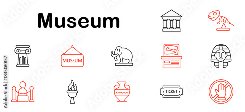 Museum set icon. Statue, ticket, column, dinosaur, ancient mask, exhibit, torch, sculpture, mummy, architecture, history, sarcophagus, artifact, entrance, gallery, relic.