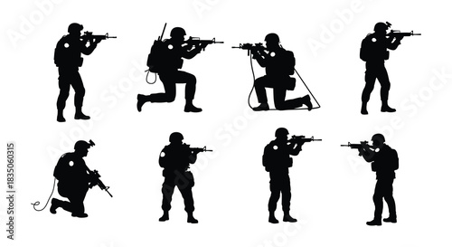 Silhouette figures of soldiers in various shooting positions armed with rifles