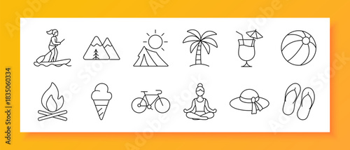 Summer vacation set icon. Surfing, mountain, sun, palm, cocktail, ball, fire, ice cream, bicycle, yoga, hat, flip-flops, beach, travel, leisure, tropical, camping, wellness, holiday, relaxation.