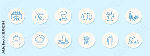 Autumn set icon. Circular line icons showing fall calendar, jar, mushroom, pumpkin, tree, wheat, rain, puddle, coffee, hoodie, book, and backpack with seasonal visual cues