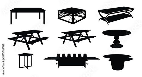 Collection of various black silhouette tables and furniture pieces displayed in rows