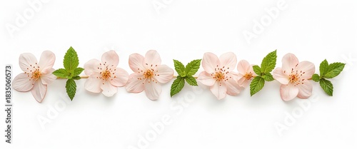 A minimalist arrangement of soft pink blossoms and vibrant green leaves on a stark white background.