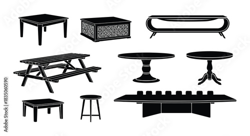 Collection of various black silhouette tables and furniture pieces displayed in rows