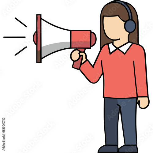 Person Holding Megaphone Wearing Headphones Announcing Message Loudspeaker Communication Concept Flat Design