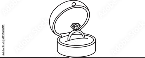 An open box presenting a diamond engagement or wedding ring outline.