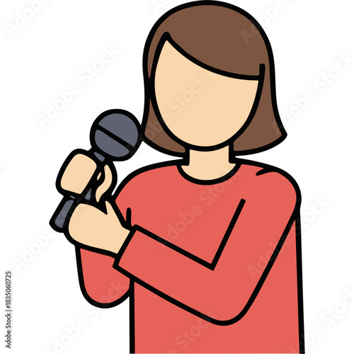 Person Holding Microphone in Coral Top With Brown Bob Hair Style White Background Singing Performance Or Speech