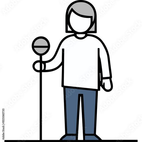 Person Holding Microphone Standing Firmly Neutral Pose Representing Public Speaking Or Journalism On Solid Background With Simple Flat Design
