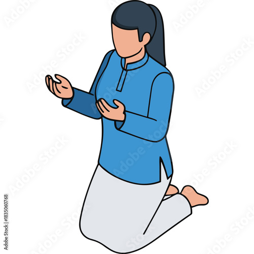 Person Kneeling In Prayer Wearing Blue Kurta And White Pants With Hands Raised In Supplication Against A Plain Background